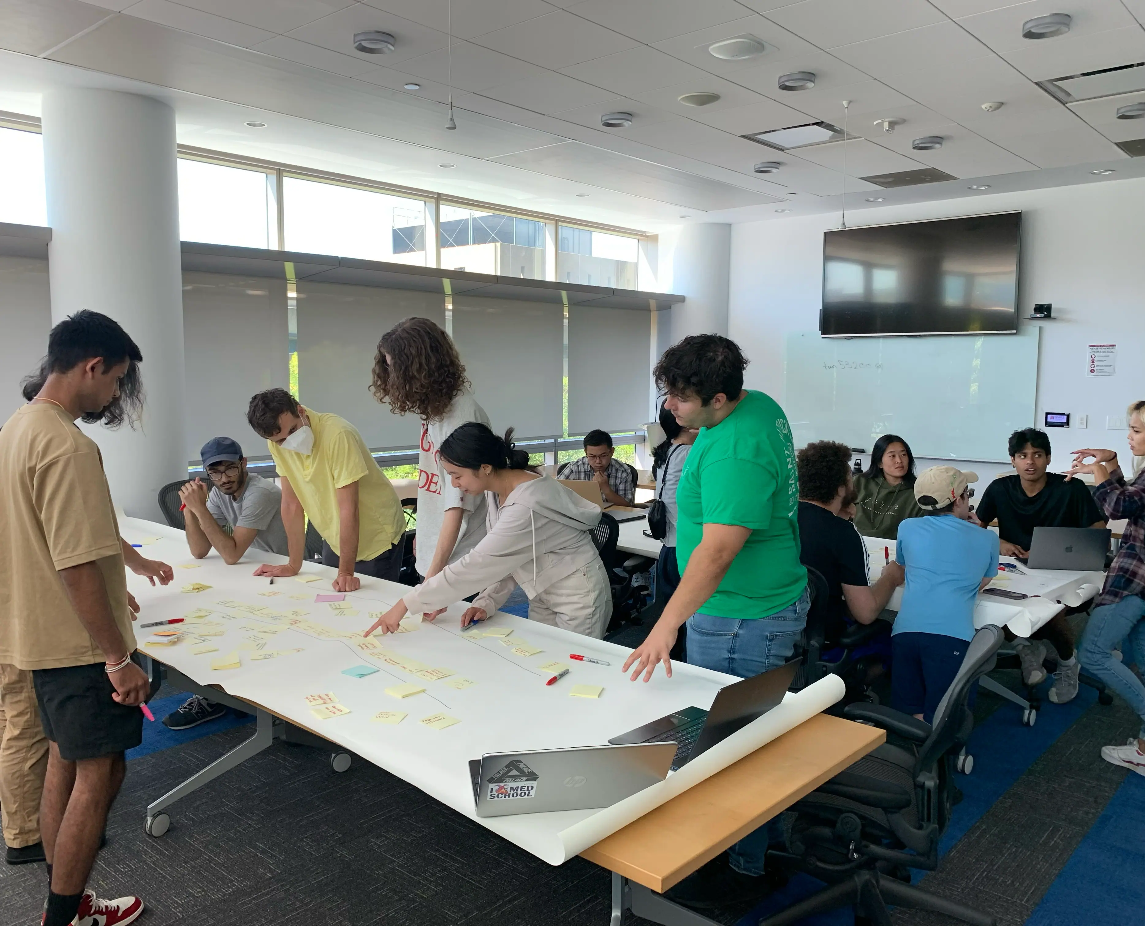 Temple students event storming around a large table with sticky notes